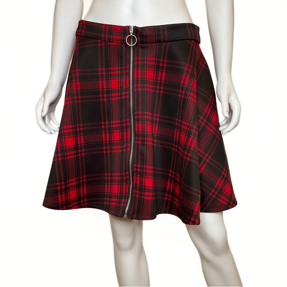 Hot Topic Red Plaid Skater Zipper Skirt Womens SZ L Witchy Vamp Goth Dystopia - Picture 3 of 9
